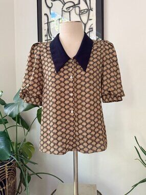 J.ING Floral Puff Sleeve Blouse Navy Contrast Collar - Small